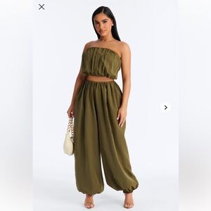 Olive Green Strapless Wide-Leg Jumpsuit